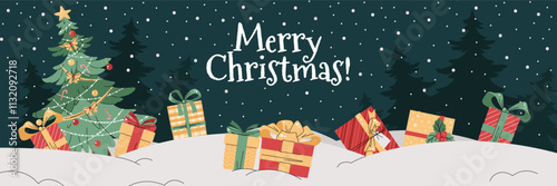 Horizontal banner with a decorated Christmas tree standing in the snow among gift boxes on a green background in a flat cartoon style. Vector background for Christmas poster, banner, card
