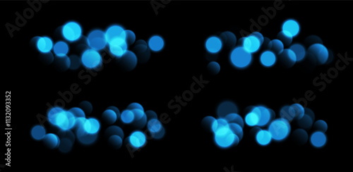 Blue bokeh set, blurred background with sparkling lights, blurry texture effect isolated on black background. Bright soft abstract background. Vector illustration.