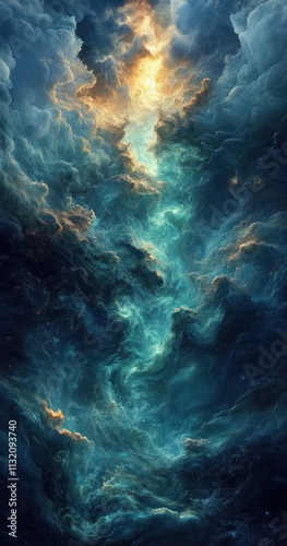 Abstract Art with Green and Blue Swirling Texture and Flowing Paint, Dreamlike Vapour and Cloud Background