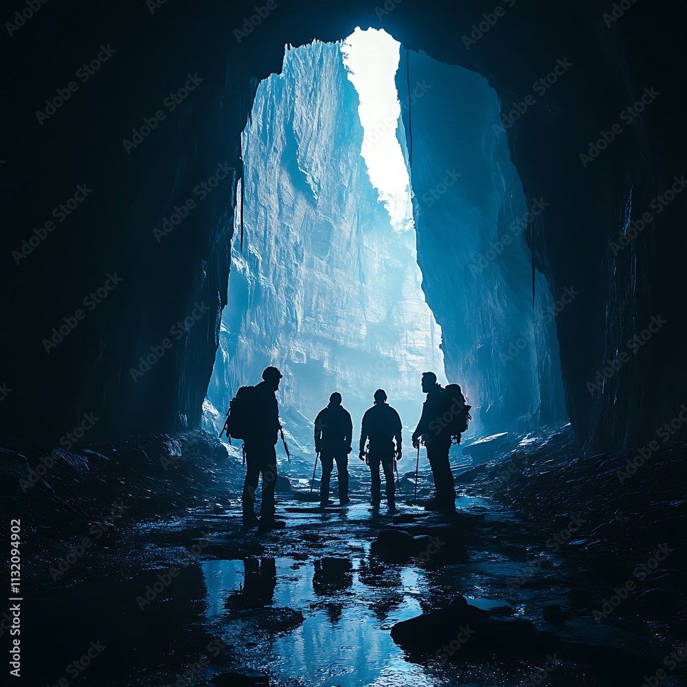Fototapeta premium Silhouetted Explorers at a Caves Entrance