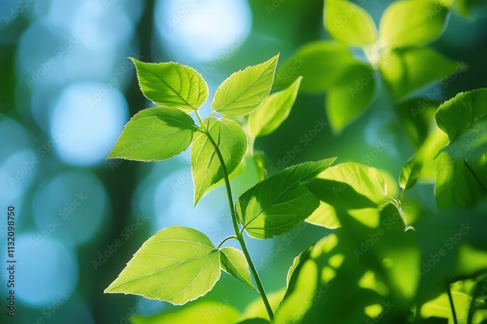 Obraz premium Bright green leaves illuminated by soft sunlight.