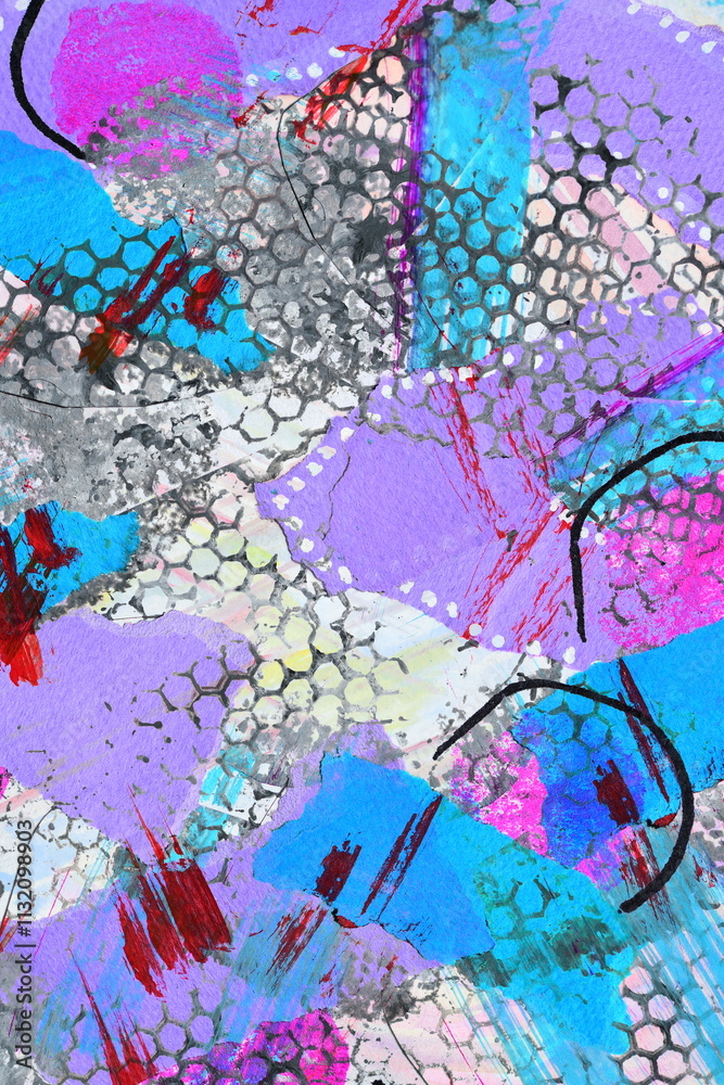 Naklejka premium Abstract creative art collage, chaotic strokes, blots, spots and lines of paint on paper, modern print pattern background