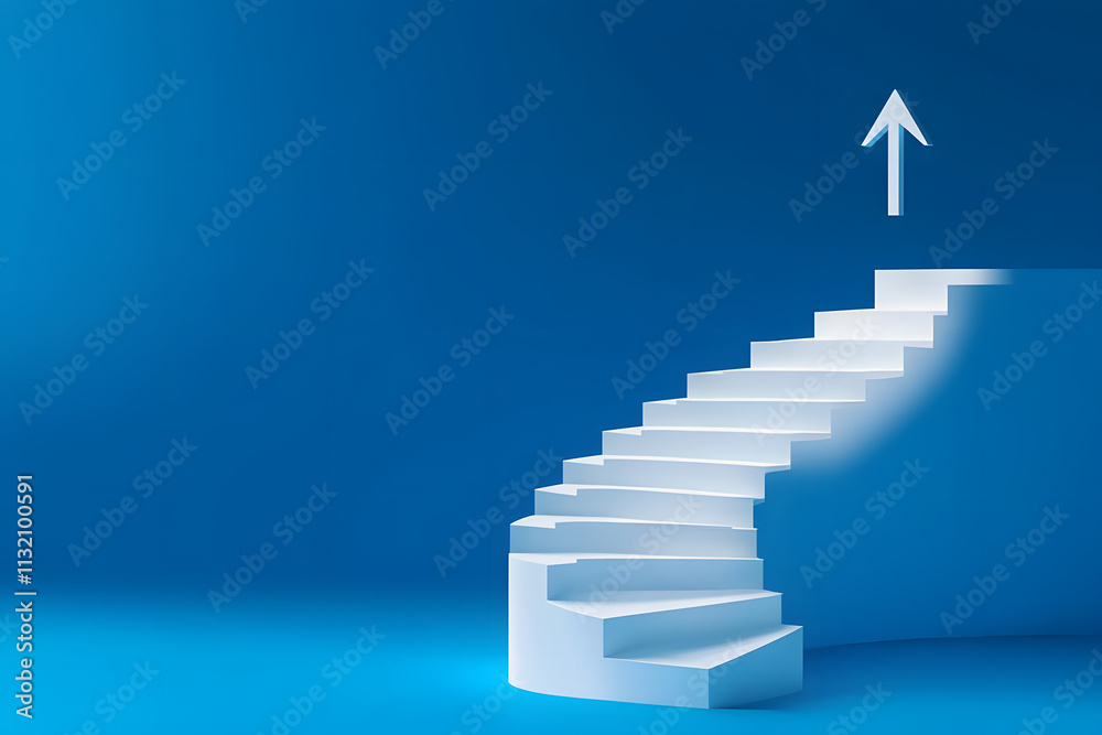 Obraz premium White arrow following the spiral staircase of growth on blue background, 3D arrow climbing up over spiral staircase, 3d stairs with arrow going upward, 3d rendering