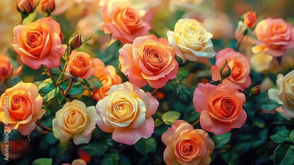 Fototapeta premium Blooming Roses in Vibrant Colors Orange Pink Cream Floral Background