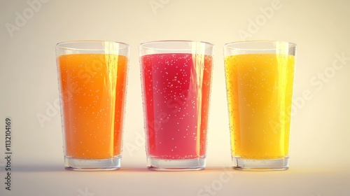 Three glasses filled with different kinds of juice?orange, cranberry, and possibly another citrus?displayed side by side against a neutral background. photo