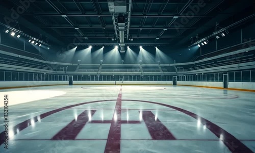 A large empty ice rink with a red line down the middle