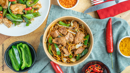 Delicious fried yellow noodle with chicken look delicious 