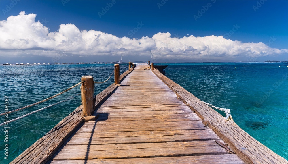 Obraz premium Top view from the input dock which leads to a tropical paradise, with clear blue sea water