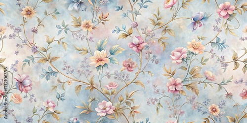 A Watercolor Dream of Delicate Blooms Intertwined with Twirling Vines on a Soft Blue Canvas
