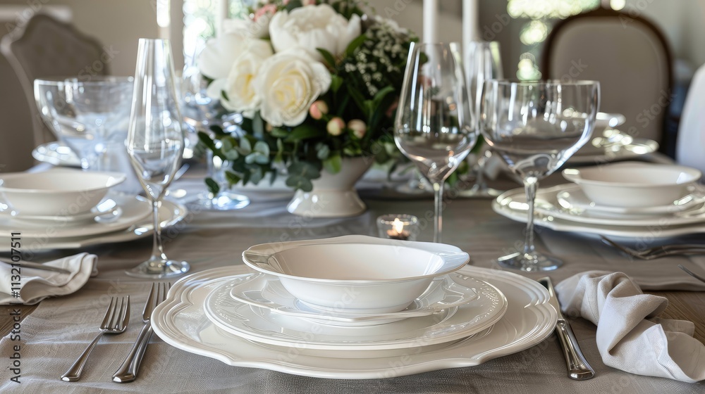 Fototapeta premium Elegant Formal Dining Table with White Dishware and Floral Centerpiece