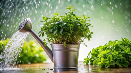 Fresh herbs flourish with careful watering. Use a watering can for gentle precision, or a sprinkler for broader coverage. photo