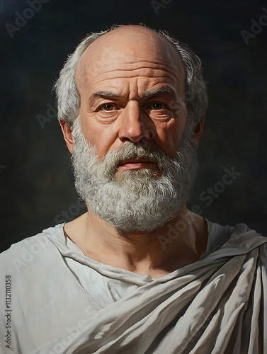 A Masterful Portrait of an Elderly Man with a Gray Beard and Bald Head Wearing a Toga photo