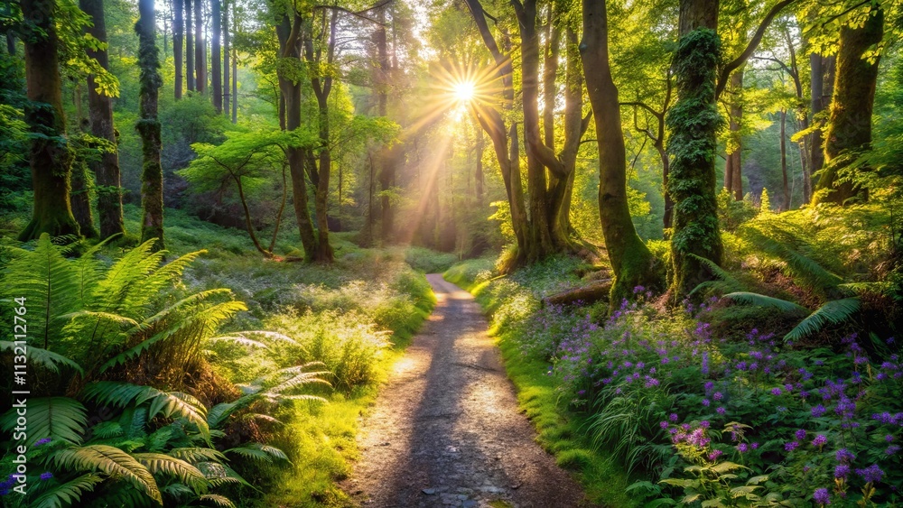 Fototapeta premium A Sunlit Path Through a Lush Forest, Where Beams of Golden Light Pierce the Canopy, Illuminating the Way