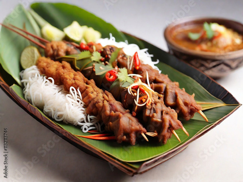 Close up photo of satai pusut balinese and lombok food with white background isolated images photo