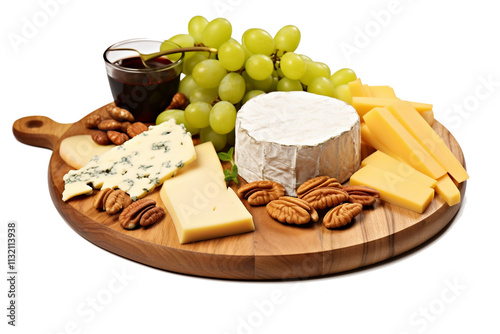 Cheese board with various stylish cheese pieces and fruits isolated white background, no shadow, for png stock
