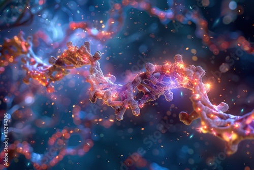 DNA and Proteins: A detailed shot of DNA strands interacting with histone proteins, forming nucleosomes. photo