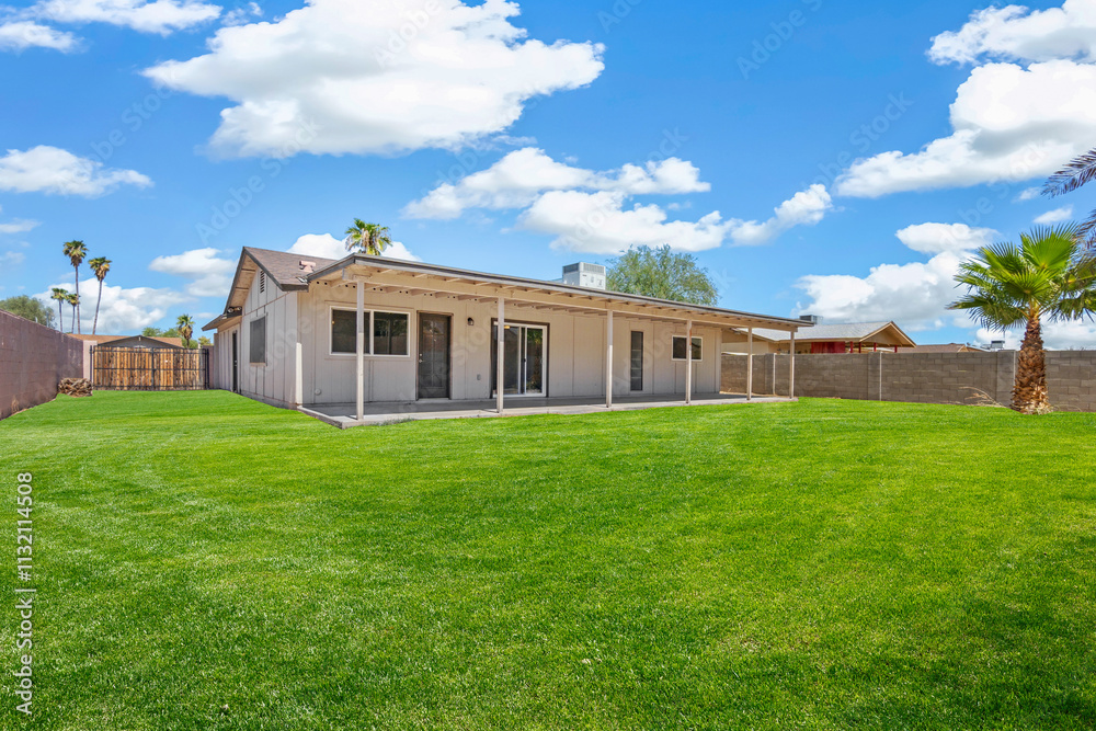 Fototapeta premium Backyard of house with lawn and patio in view