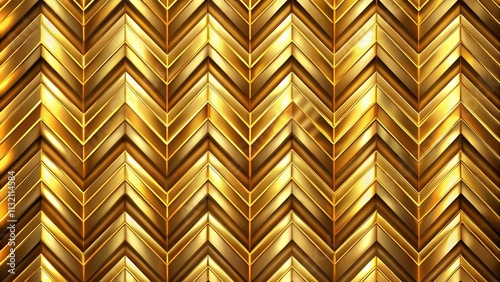 A symmetrical pattern of golden chevron shapes with a reflective surface creates an abstract design.