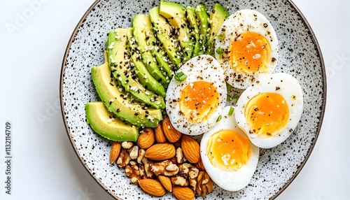 Avocado Egg Salad Bowl: Delicious and healthy breakfast or lunch option with avocado, boiled eggs, almonds, and pecans in a bowl. A perfect combination of healthy fats, protein.