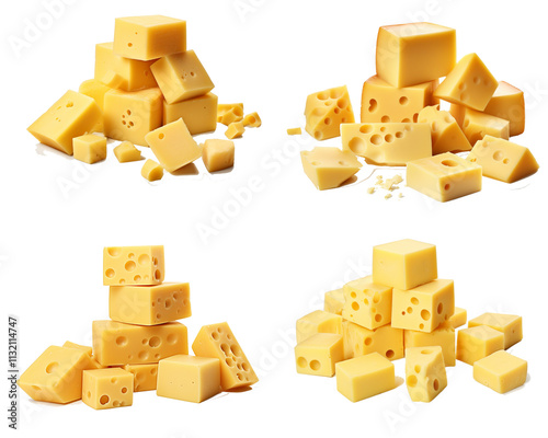blocks of cheese or cubes, delciouse Cheese dices and slices with isolated white background, no shadow, for png stock