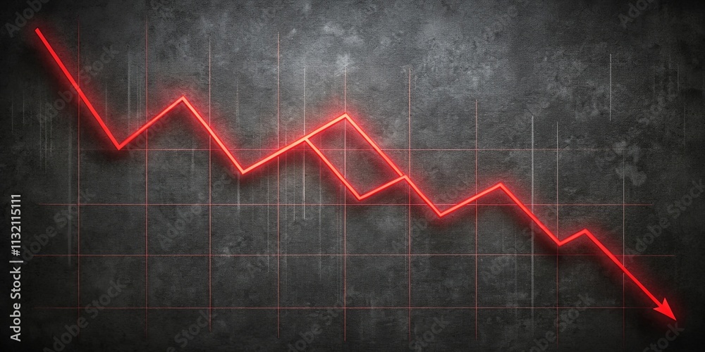 Obraz premium A stark red line descending on a gridded, textured background, representing a decline or downturn