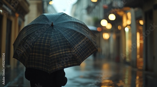 A person walks down a rainy city street, holding an umbrella overhead. The street is lined with buildings and shops, and the lights from the streetlamps cast a warm glow on the wet pavement. photo