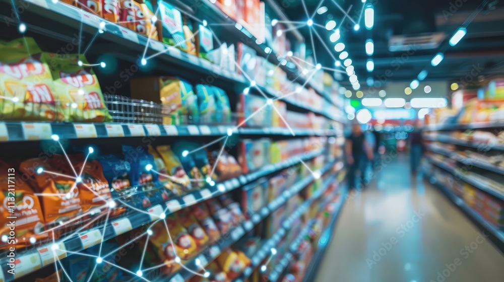 Naklejka premium Supermarket Aisle with Futuristic Digital Network Overlay