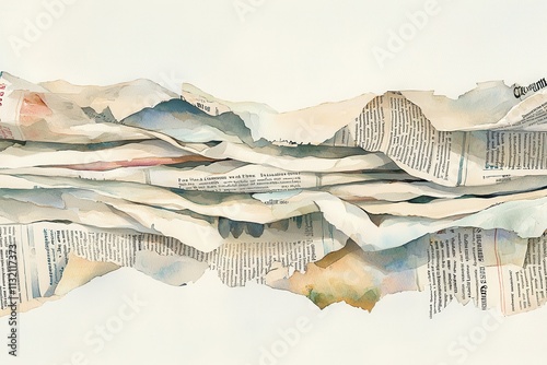 A layered composition of torn newspaper clippings, creating a textured, abstract landscape in muted colors. photo