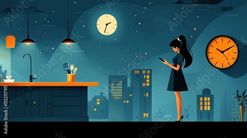Wife checking phone in kitchen evening scene digital content urban setting modern viewpoint domestic life photo