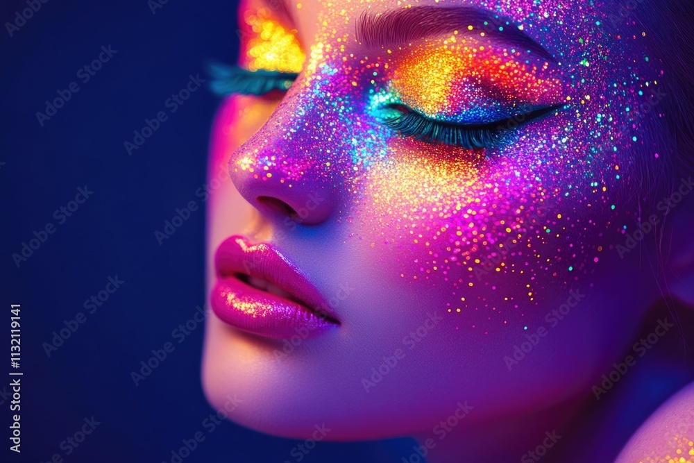 Obraz premium fashion model woman skin face in bright sparkles, colorful neon lights