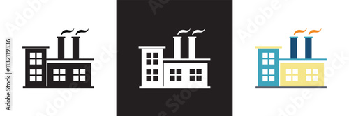 Factory building representing manufacturing, industry, and production icon. Vector illustration. isolated on white and black background. EPS 10