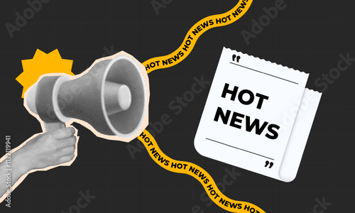 halftone collage, hand holding megaphone and breaking news newspaper, announcements or media updates