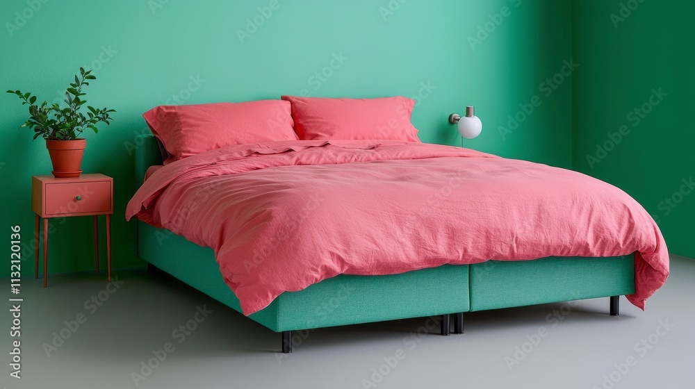 Obraz premium Modern Bedroom Interior Pink Bedding Teal Bed Frame Green Walls