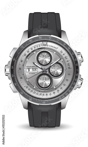 Realistic watch chronograph stainless steel black rubber clockwise on white fashion for men design luxury isolated vector