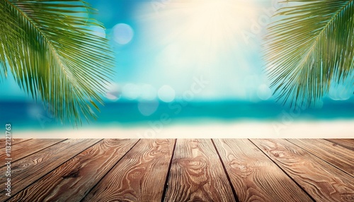 A tropical paradise with a wooden deck, lush palm trees, and a sparkling blue ocean