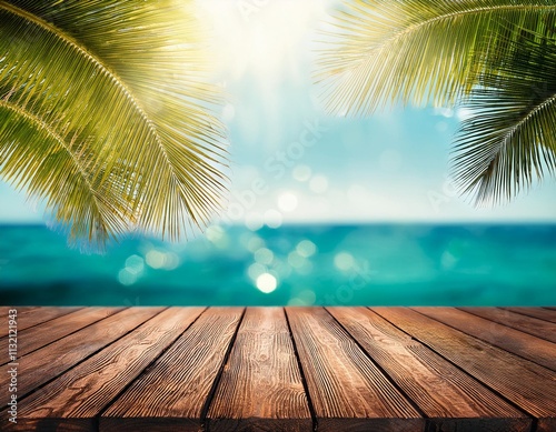 A serene beach scene with a wooden deck, palm trees, and a shimmering ocean