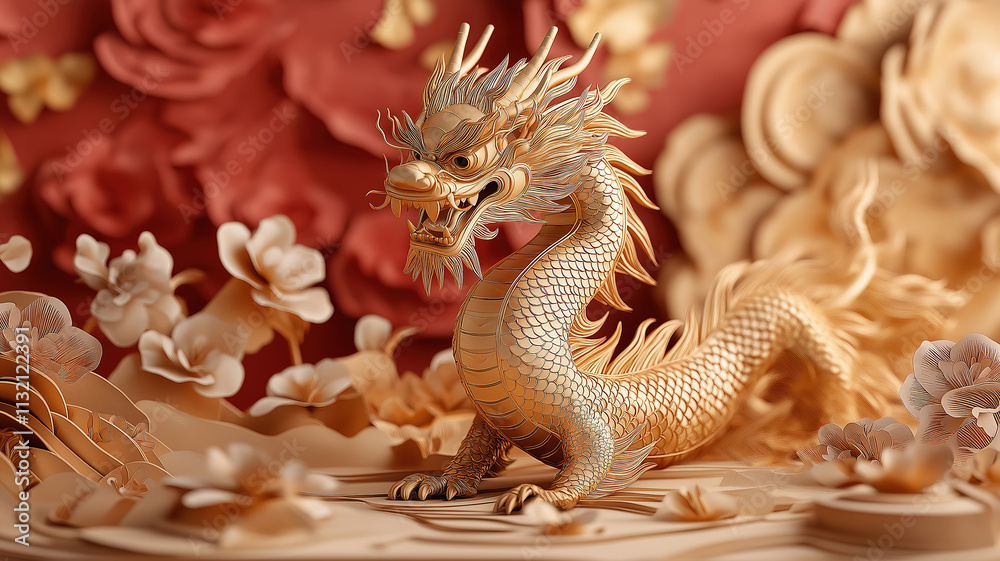 Fototapeta premium Regal gold Chinese dragon statue framed by intricate paper cut designs for festive decor