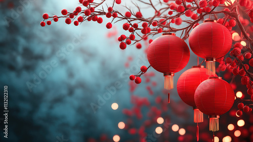 Vibrant red lanterns and berries for a lively and colorful Chinese New Year decoration