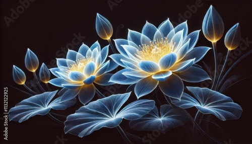 Serene Blue Water Lilies- A Mystical Display of Luminous Energy and Nature’s Elegant Symmetry in Kirlian Photography photo