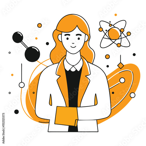 Smiling female scientist in a white lab coat surrounded by scientific elements