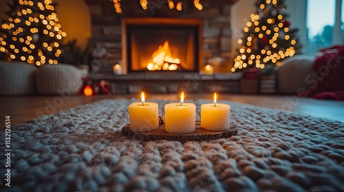 Cozy Hanukkah Fireplace Celebration with Handmade Paper Dreidels, a Wooden Menorah on the Mantle, and Soft Woolen Blankets for Family Comfort. photo