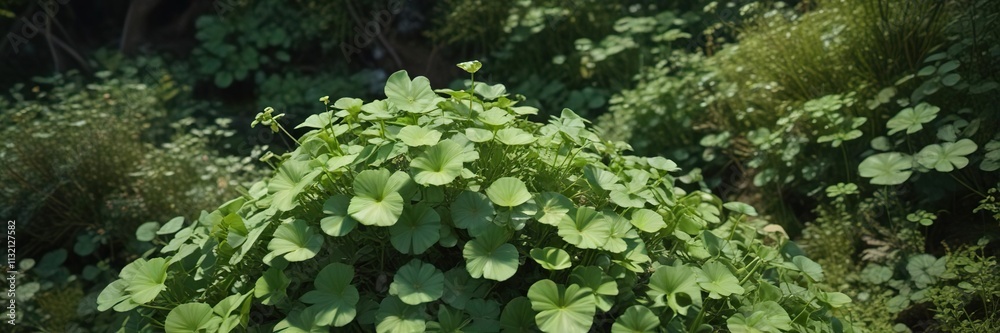 Obraz premium Aerial view of a Centella Asiatica plant growing in a densely vegetated forest environment, centella asiatica, greenery, nature photography
