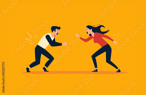 toxic relationship, man and woman running toward each other yelling and fighting, full length on yellow color background photo