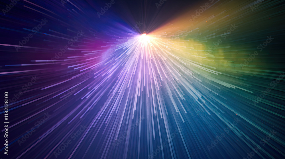 Fototapeta premium Radiant Burst of Light Emanating from Central Point, Spectrum of Colors from Purples, Blues, Greens to Yellows, Intense Glow Against Pitch Black Background, Ethereal and Dreamy Atmosphere, Wonder and 