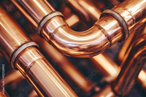 Plumbing innovation neatly arranged copper pipes in a standard setting industrial environment close-up perspective for efficient water systems photo