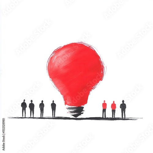 A group of silhouetted figures stands before a large, red light bulb, symbolizing creativity and innovative ideas. photo