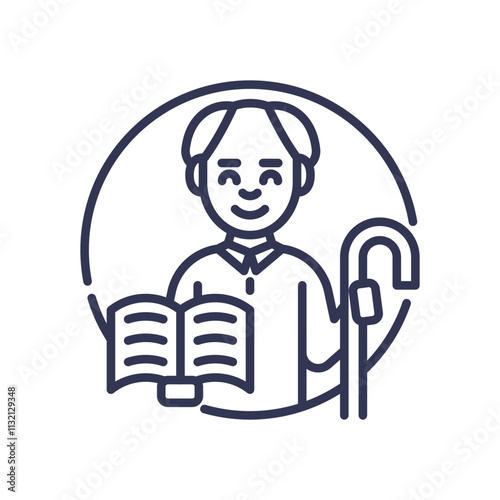 Elderly person with a book and cane, symbolizing wisdom and support.