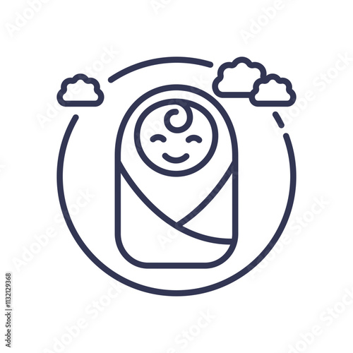 Line art of a smiling swaddled infant surrounded by clouds, symbolizing comfort and care.