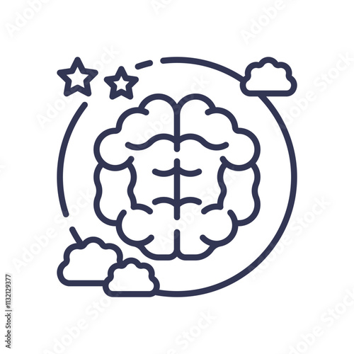 Illustration of a brain with stars and clouds, symbolizing REM sleep and dreaming.