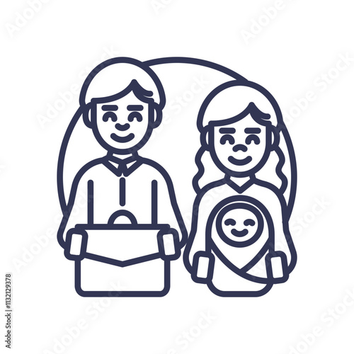 Illustration of a family with a briefcase symbolizing adulthood responsibilities.